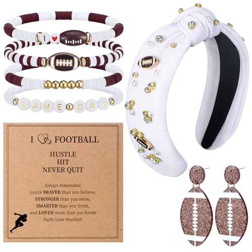 Suncalla 7 Pcs Football Game Day Accessories for Women Set Women's Fashion Football Headband Beaded Stretch Bracelets and Earrings with a Motivational Cards Mom Accessories Sport Lover Jewelry Gift