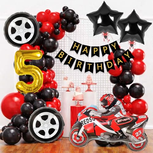 Image of Velunza Race Car Theme 5th Birthday Decoration Kit with Red Black Balloons, Happy Birthday Paper Banner, Bike Foil Balloon & 5 Number Foil Balloon Party Decoration Set for Boys Pack of 48 Pcs