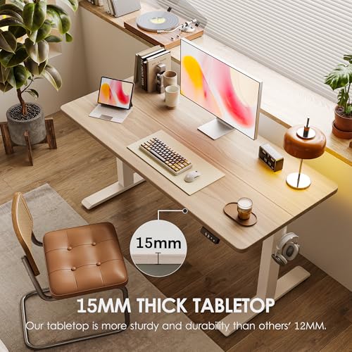 TIQLAB Electric Standing Desk, Adjustable Height Stand up Desk, 63 * 24 Inches Sit Stand Home Office Table with Splice Board, Light Walnut