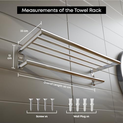 Image of USF 24 Inch Bathroom Towel Rack, 304 Stainless Steel Towel Hanger for Wash Basin Area, Wall Mounted Towel Holder for Bathroom,Chrome Finish, Durable Bathroom Rack