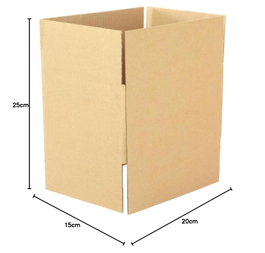 Opakowanie 25 kartonów ze wzmocnionego kartonu o wymiarach 25 x 20 x 15 cm i prostym K, wyprodukowane w Hiszpanii z kartonu pochodzącego z recyklingu, wytrzymałe do wysyłki, przechowywania i