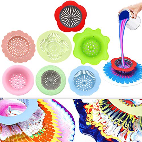 drawing painting - Acrylic Pouring Strainers, Angela&Alex 7 PCS Flow Painting Tools Art Supplies Kits Drawing Flow Fluid Sets Strainers Plastic Silicone Drain Basket Unique Pattern