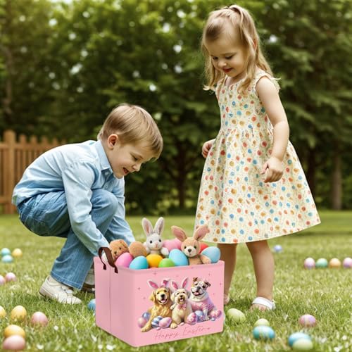 Image of Kid Rectangular Empty Easter Basket for Girl Boy Bunny Eggs Easter Basket Gift Baby Room Decor Storage Organizer (Dog Pink)