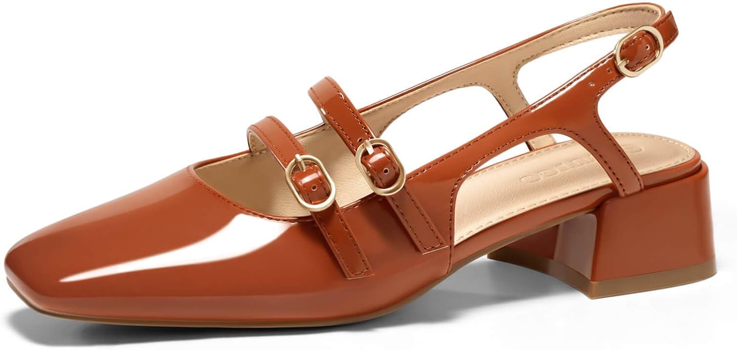 Coutgo Women's Mary Jane Chunky Low Heels Slingback Pumps Closed Square Toe Wedding Dress Shoes