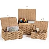 Otauoaea Lot de 3 Paniers de Rangement avec Couvercles en Osier Naturel   Corbeilles Tressées et Empilables pour Salle de Bain, Salon, Cuisine et Étageres, Organisation Décoration Maison