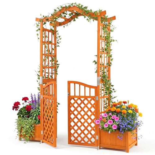 COSTWAY Arche de Jardin en Bois avec Portillon et 2 Jardinières, Pergola Extérieur avec Trous de Drainage pour Plantes Grimpantes Légumes, Décoration pour...
