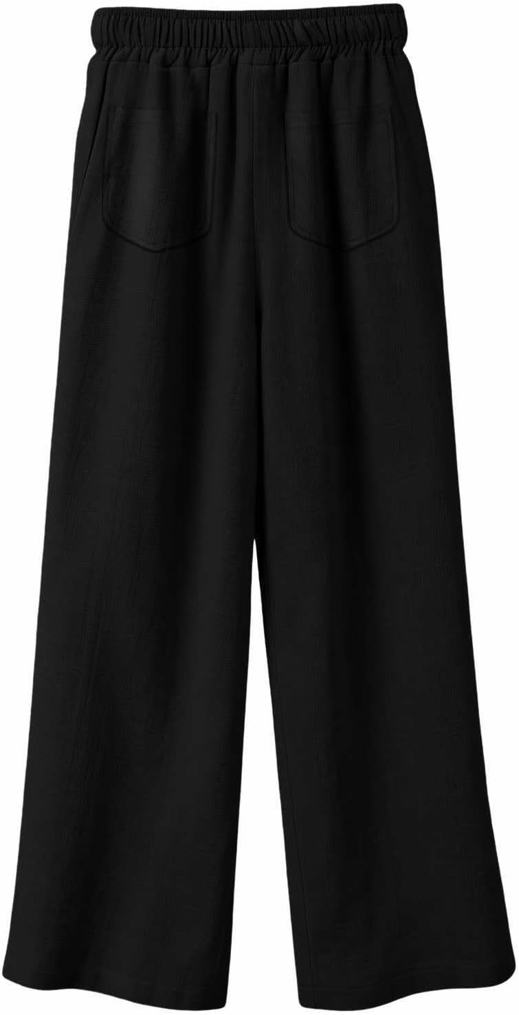 Girls Cotton Linen Pants Baggy Wide Leg Casual Palazzo Pants Teen Lightweight Loose Elastic Waist Plain Trousers