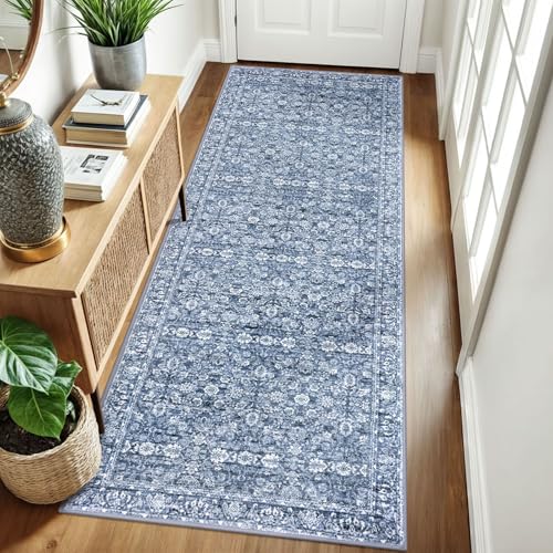 3x8 Blue Washable Runner Rug for Kitchen, Soft Classic Runner with Non-Slip, Non-Shedding Distressed Floral Rug for Hallways Entryway Bedroom Bathroom Laundry Indoor