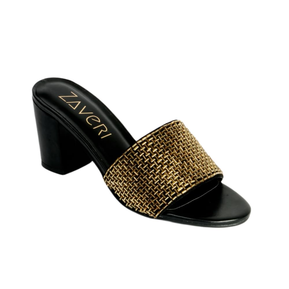 Zaveri House of Fashion Zarban Swan Block Heels for Women (Black & Golden) | Golden Metal Net Strap | VEGAN LEATHER Heels | Stylish 3-inch Sandals (UK 4) (B0D5QXSNSZ) Amazon Price History, Amazon Price Tracker