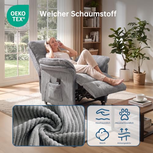 Asukale Relaxsessel Elektrisch 2 Motoren Fernsehsessel, Hellgrau Cord – Ansicht 4