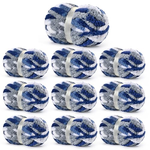 Image of Chunky Jumbo Chenille Yarn Blue-White 10 Pack | 2000g /240yds Super Bulky Baby Soft Yarn for Hand Knitting Fluffy Chunky Knit Throw Blanket Yarn