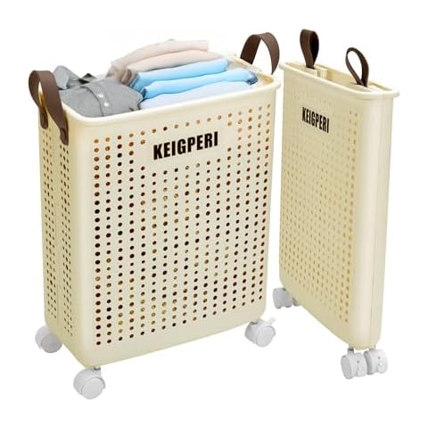 KEIGPERIcollapsible laundry baskets,laundry basket with wheels,foldable laundry basket,With wheels and handles, it is easy to move and can be folded to save space. (Milk white, small) Cover