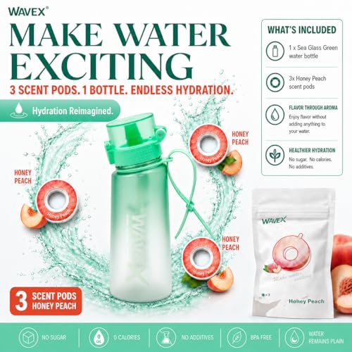 Image of WaveX Scented Water Bottle, Includes 3 Honey Peach Aroma Scent Pods, BPA Free, Flip Top Leak-Proof Lid, Straw & Carry Strap Included, Subtle Flavor Experience, No Sugar or Calories, (Sea Glass Green)