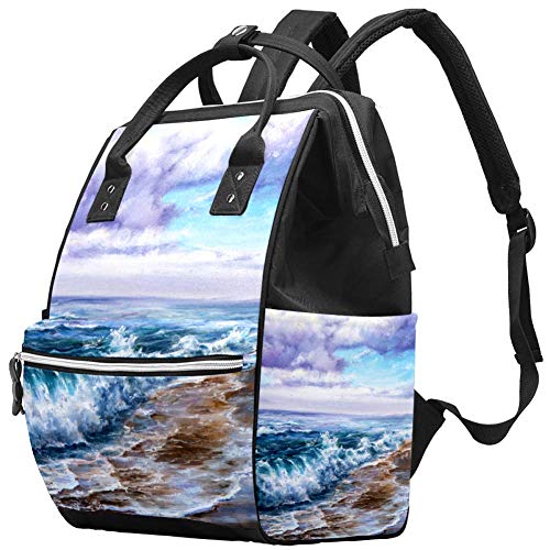 Mochila multifunción grande para pañales de bebé, pintura al óleo que muestra olas en el océano o el mar, mochila de viaje para mamá y papá