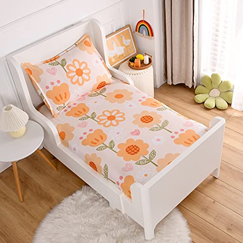 KWLOVER Soft Bed Fitted Sheet and Pillowcases Set,Orange Flower Printed Bed Sheets for Kids (Multicolor, Twin)