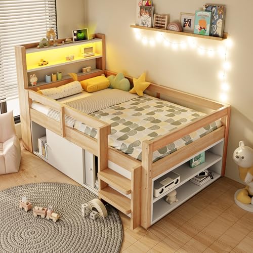 Sapgaks Lit Enfant 90 x 200 cm avec éclairage LED,USB,étagères,rangements et armoires à Portes coulissantes,lit Multifonction en Bois,Cadre de lit Simple 90 x 200 avec sommier à Lattes,Naturel