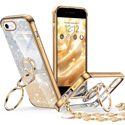 XYZ for iPhone SE 2022 [3rd Gen], SE 2020 [2nd Gen], iPhone 8 Case, iPhone 7 Phone Case with Double Ring Kickstand, Women Girls Bling Luxury Glitter Clear Cover Heart for for iPhone 7/8/SE, Gold