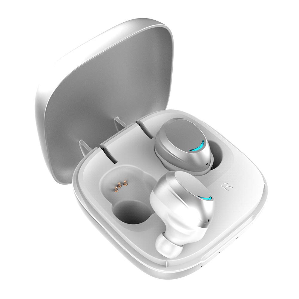 BomcomiBluetooth 5.0 Wireless Headphones with Microphone Binaural Calls, Waterproof 48H Playtime Earbuds with Hi-Fi, Touch Control & Charging Case,White