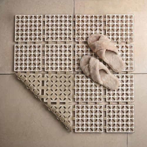 Image of Frido Anti-Slip Bath Mat with Dense Suction Cups | Quick-Drain Design for Faster Drying | Helps Prevent Mould Buildup | PVC Shower Mat for Wet Bathroom Floors | 60 x 60 cm Square Shape | Warm Beige