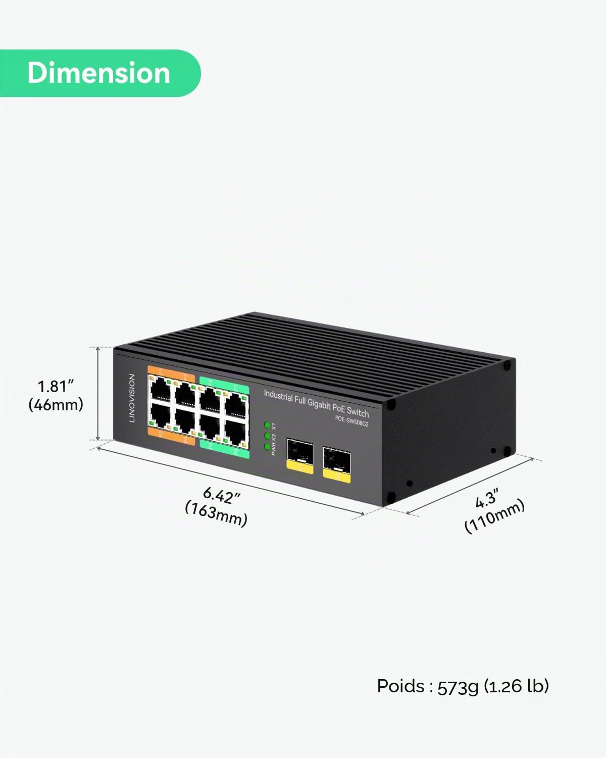 Linovision Switch PoE Industriel 8 Ports Gigabit Non Administrables Avec 2 Uplinks Sfp, 4 Ports PoE BT 90W, PoE Watchdog, Alimentation Redondante, Sur Rail Din Pour Caméra Ptz/Éclairage