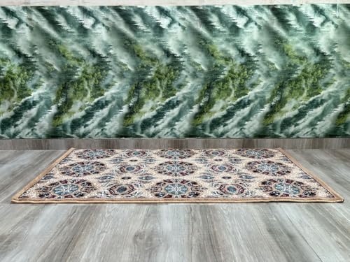 Image of Premium Runner Carpet, Vintage Medallion Pattern, Non Slip, Thick, Ideal for Bedroom, Living Room & Entryway, 3x5 Feet Beige Multi Color
