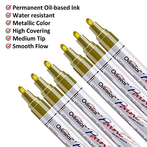 Gold Paint Markers Pens - Single Color 6 Pack Permanent Oil Based Metallic Paint Pen, Medium Tip, Quick Dry And Waterproof Marker For Rock, Wood, Fabric, Plastic, Canvas, Glass, Mugs, Canvas, Glass #TOP1