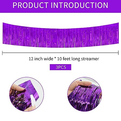 Image of BEISHIDA 3 Packs 30 Feet Metallic Foil Fringe Garland Tinsel Streamers,Shiny Purple Wall Hanging Tinsel Fringe Banners for Wedding Birthday Party Decoration Halloween Christmas New Year