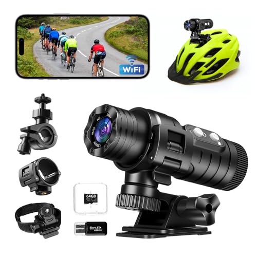 AIKER Dashcam Fahrrad,Verbesserte Version WiFi Action Cam Intelligente Aktive Stabilisierung und Echtzeit-Pegelkorrekturfunktion helmkamera,1080P HD&120°Weitwinkel Action Kamera,Mit 64GB Speicherkarte