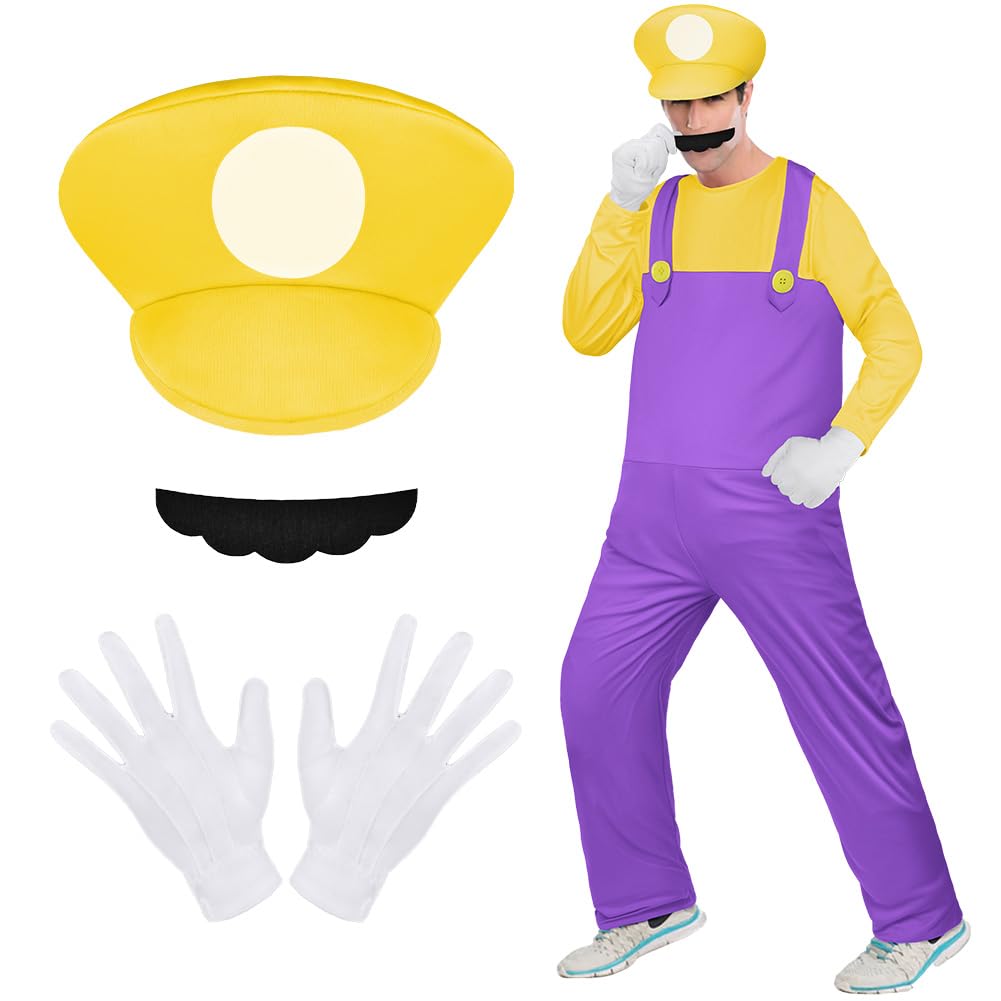 Aomig Mario Costumes, 4 Pack Mario Cosplay Costume Accessories Kits with Bodysuit, Luigi Hats Cap, Mustaches, White Gloves, Mario Luigi Bros Fancy Dress Outfit Costume for Party World Book Day