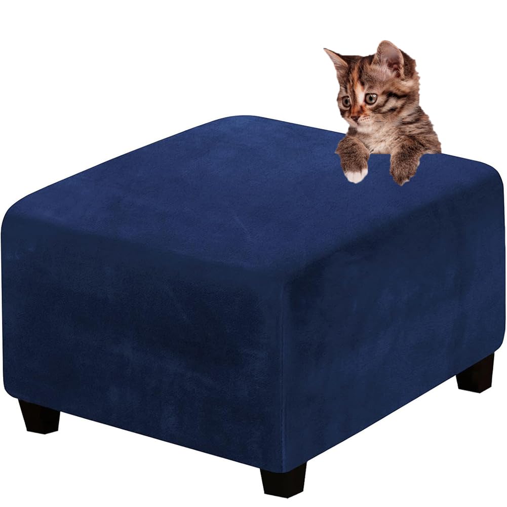 DMBAOD Velvet Plush Stretch Footstool Cover High Stretch Velvet Footstool Protector Cover Navy LARGE