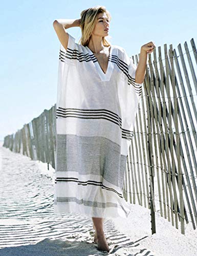 Ailunsnika Sexy V Neck Striped Plus Size Turkish Robe Kaftan Dress For Women Beach Maxi Bikini Cover Up #TOP3