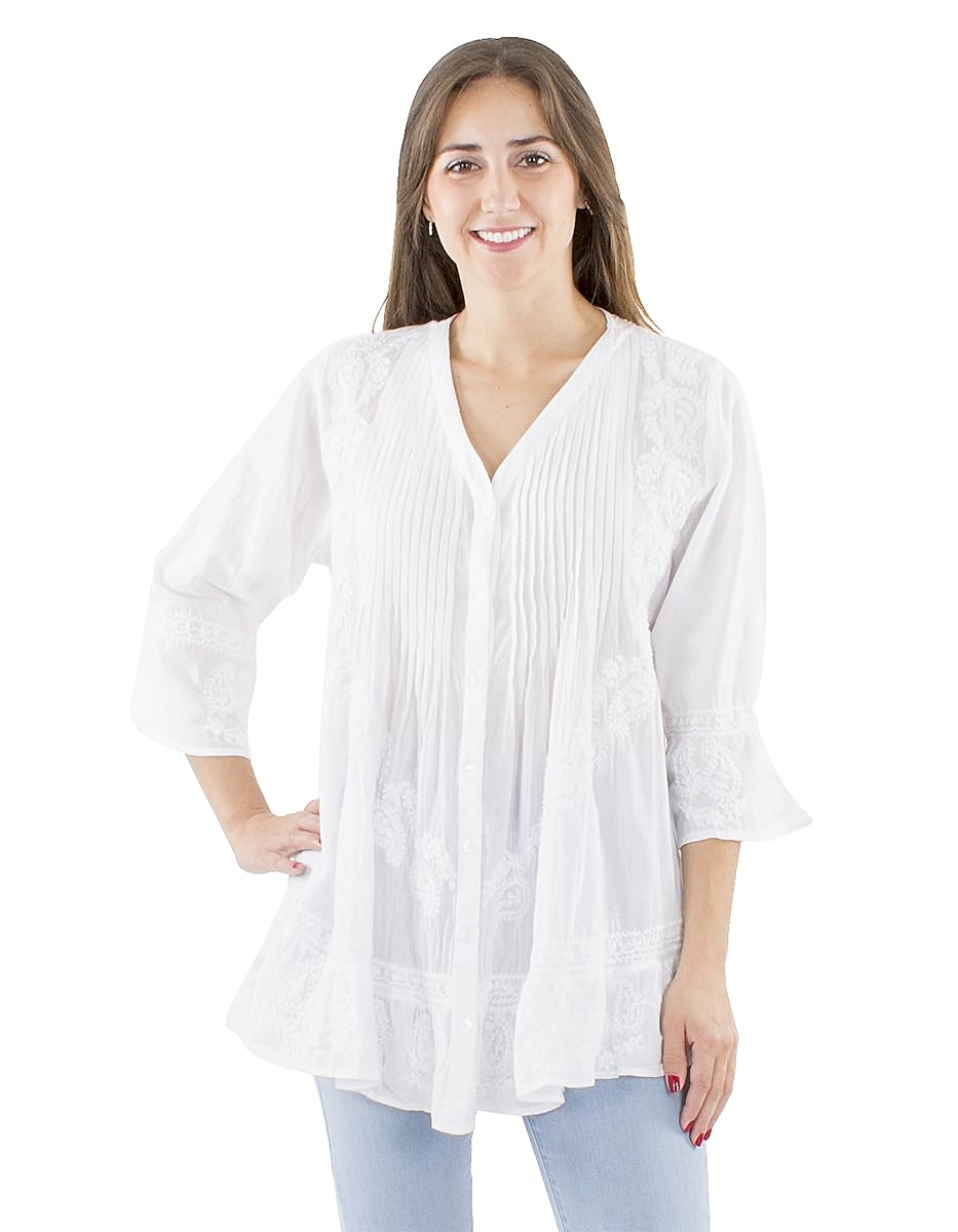 Coline - Blouse Femme Brodée Main Manches 3/4 100% Coton Encolure en V