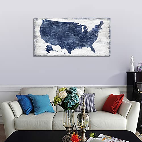 Image of Canvas Wall Art: Vintage America Map, USA Map Canvas Pictures Prints for Bedroom Office Kitchen Living Room Home Decor Framed Artwork Ready to Hang 24x48