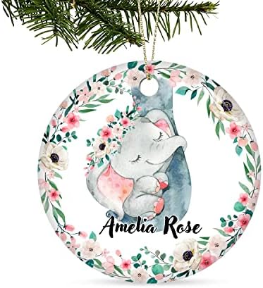 DesDirect Store Baby's First Christmas Ornament - Personalized Rainbow Elephant Ornament, Newborn New Baby Parents Mom Dad Xmas Present Mommy Daddy Ceramic, Holiday Keepsake Circle 5pcs