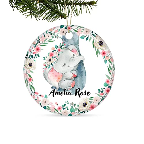 Desdirect Store Baby's First Christmas Ornament - Personalized Rainbow Elephant Ornament, Newborn New Baby Parents Mom Dad Xmas Present Mommy Daddy Ceramic, Holiday Keepsake Circle 5Pcs #TOP29