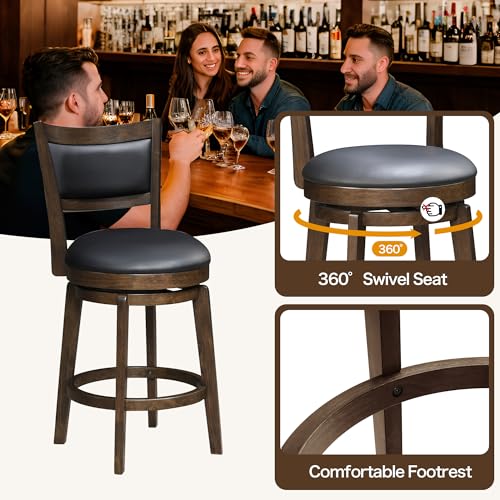24-Counter-Height-Barstools-Set-of-2-High-Back-Swivel-Bar-Stools-with-Black-Faux-Leather-Upholstered-Seat-Solid-Wood-Footrest-Counter-Bar-Stool-for-Kitchen-Island-Pub 24 Counter Height Barstools Set of 2 High Back Swivel Bar Stools with Black Faux Leather Upholstered Seat Solid Wood Footrest Counter Bar Stool for Kitchen Island Pub