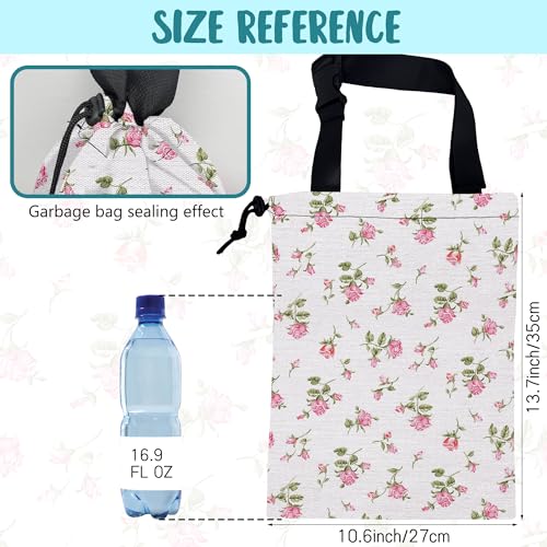 Image of Car Garbage Bag Small Pink Rose Floral Drawstring Car Trash Bag Hanging for Back Seat with Adjustable Buckle Canvas Vehicle Trash Can Easy-to-Install
