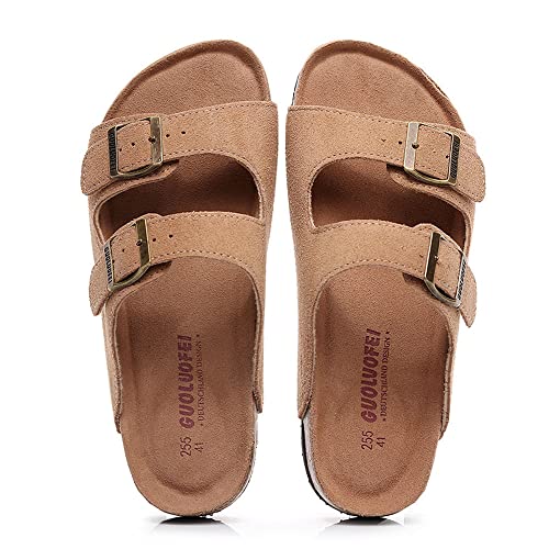 Morbuy Sandalias Mujer Verano Mules Cómodo Cuero de Ante Sandalias Corcho Planas Punta Abierta con Hebillas Regulables, Zapatos Antideslizante de Playa y Piscina
