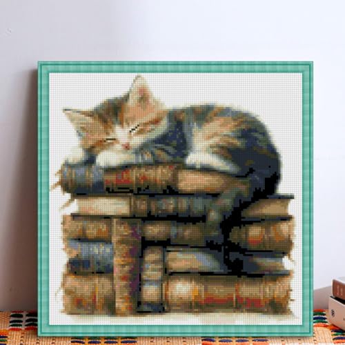 Image of KYOQFVN Cat Counted Stamped Cross Stitch Kits for Adults, 11 CT Stamping Cross Stitch Kit, Animal Needlepoint Cross-Stitch Patterns Dimensions for Home Decor 14x14 Inch