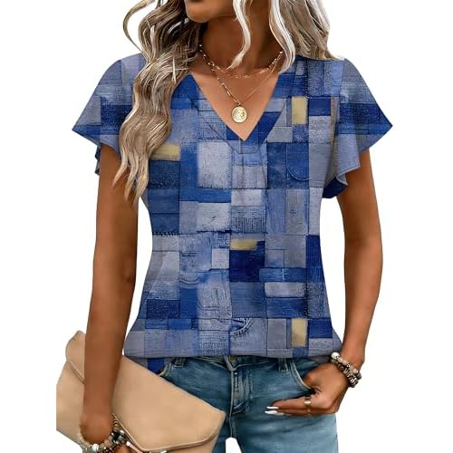 LOMON Womens Tops Dressy Casual Summer Flutter Sleeve T-Shirts Trendy Ruffle Short Sleeve Loose V-Neck Tunic Tops A-blue Denim Plaid Large