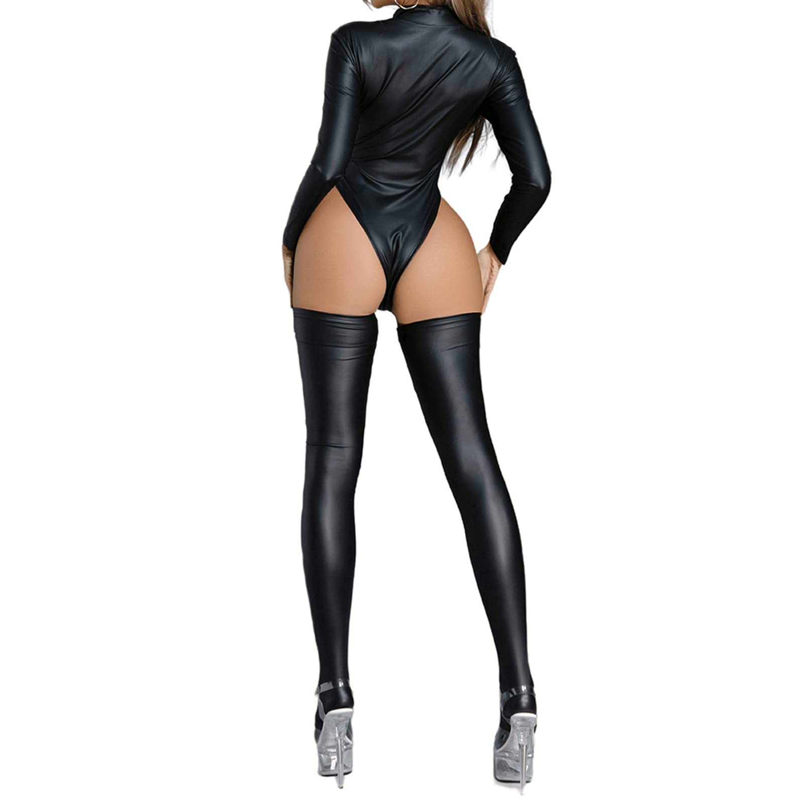Disfraz de mujer sexy de látex, aspecto mojado, metálico, manga larga, manga corta, top de Leotard Clubwear, lacado, piel, vestido de Halloween