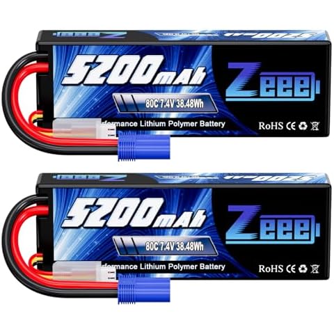 Zeee 2S Lipo Battery 7.4V 5200mAh 80C Hard Case Battery with EC5 Plug Compatible with 1/8 1/10 RC Vehicles Car Slash RC Buggy Truggy RC Airplane Drone(2 Pack) Cover