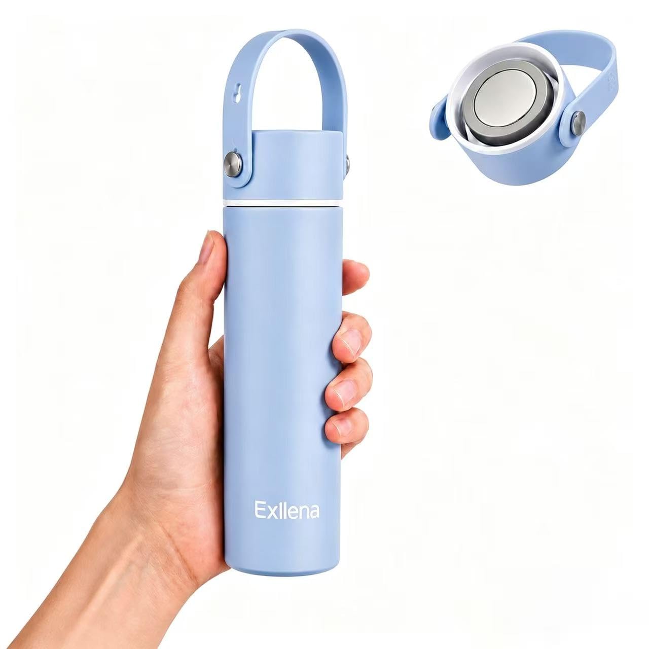 Exllena 300ml Small Water Bottle with Adjustable Silicone Handle Made of 100% Stainless Steel (Body + Lid), Mini Metal Water Bottle for Handbag, Leakproof (Sky Blue)
