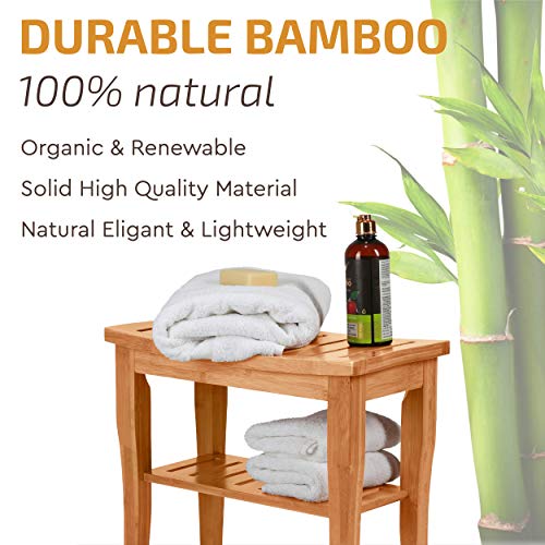 Premium Bamboo Shower Bench with Shelf - Wooden 2-Tier Bathroom and Shoe Organizer with Storage Shelf