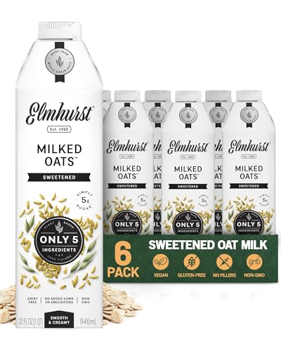 Elmhurst 1925 Sweetened Oat Milk - 32 Ounce (Pack of 6) Dairy-Free, Vegan, Kosher, Gluten-Free,...