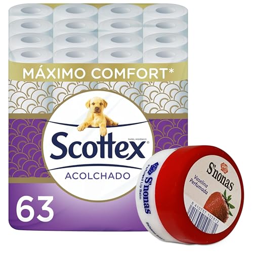 Papel Higiénico Scottex Acolchado 63 rollos + Vaselina Snonas aroma Fresa