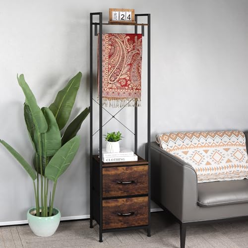 UOMIO Kleiderständer Stabil Freistehender Metallrahmen Kleiderstange Kleiderbügel mit Schublade Schmal Garderobenständer für Schlafzimmer 180x40x30cm Vintage Braun