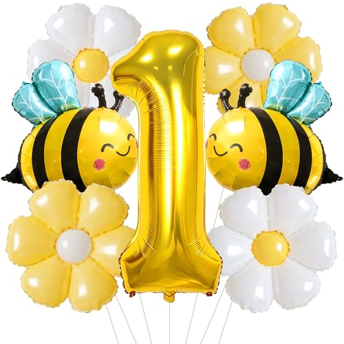 1st Birthday Bee Party Balloons Sweet to Bee 7 Pcs Set with 40 Gold Number 1 Bumble Bee & White Yellow Daisy Balloons for Boys & Girls