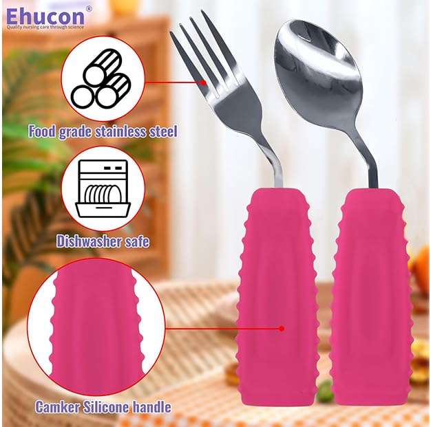Image of Adaptive Utensils Angled Spoon and Fork for Hand Tremors Parkinsons,Weighted Utensils with Non-Slip Easy Grip Handles for Independent Eating (1pcs Spoon+1pcs Fork=2 pcs,Pink,Right Hand)