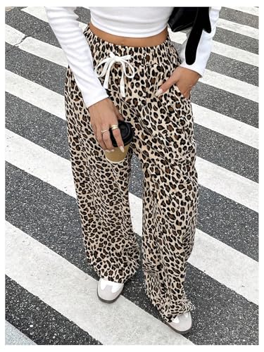 Verdusa Women's Leopard Print Pants Drawstring Straight Leg Pants Bow Loungewear Trousers with Pocket3